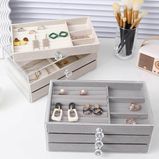 Luxury Velvet Jewelry Organizer Box with Drawers | Dustproof Ring, Necklace & Accessories Storage Case