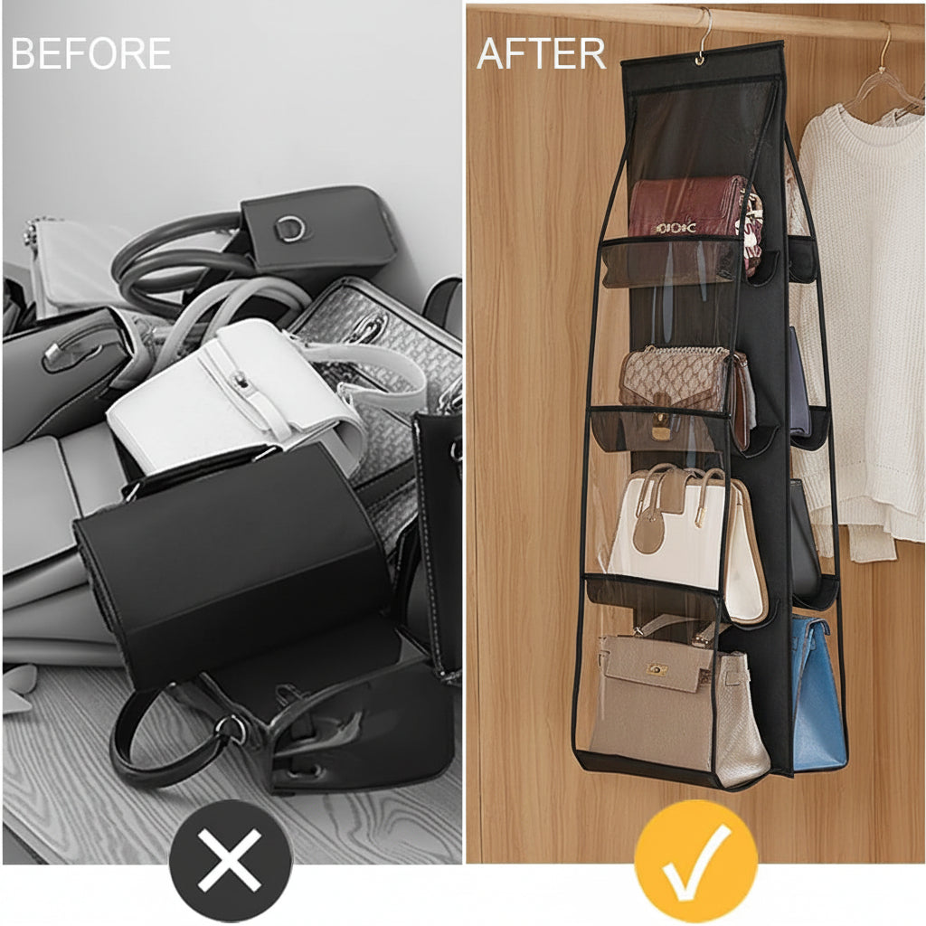 6 and 8 Pockets Double-sided Hanging Storage Bags with Hanging Hook / Handbag, Purse, Bags Organizer 1 Pcs