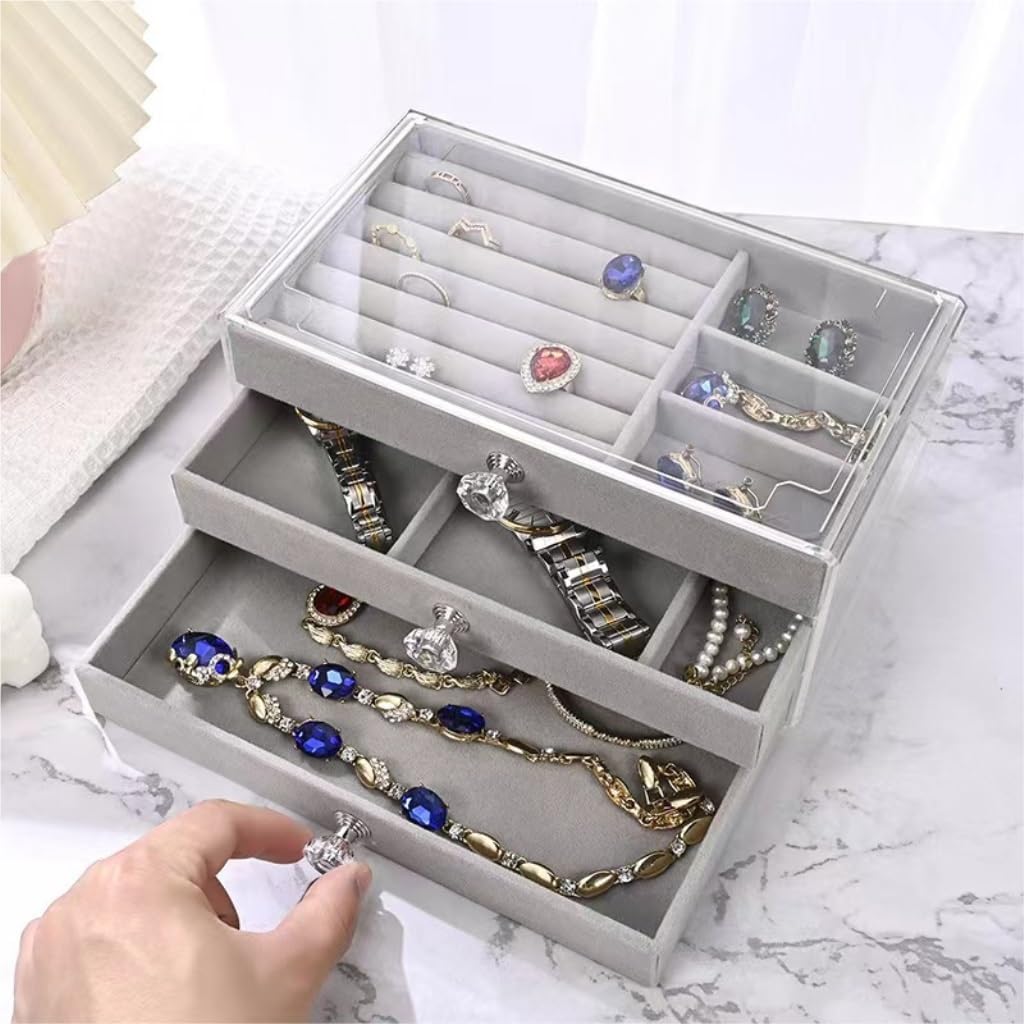 Luxury Velvet Jewelry Organizer Box with Drawers | Dustproof Ring, Necklace & Accessories Storage Case