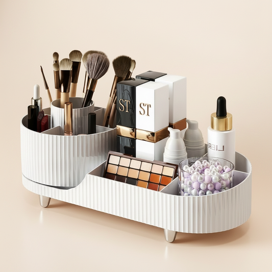 Rotating Makeup Organizer with Tray| Vanity Storage for Brushes, Lipsticks & Cosmetics