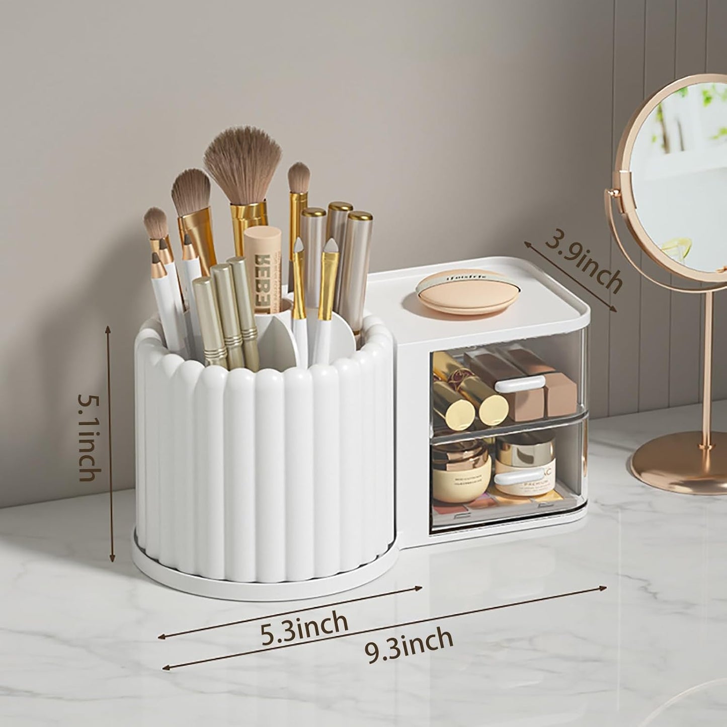 2-in-1 Rotating Makeup Organizer with Brush Holder & 2 Drawers