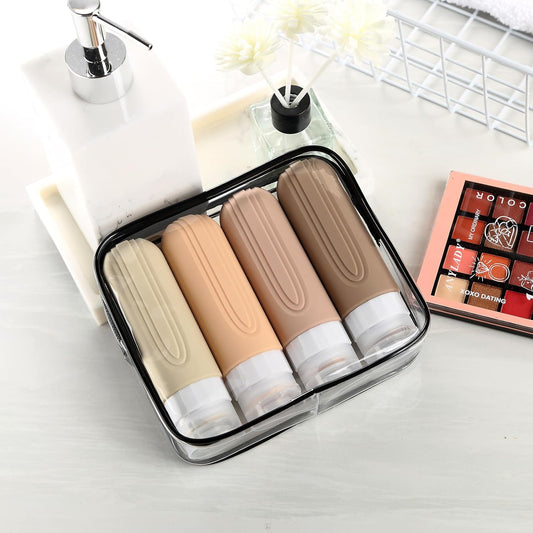 Leakproof Travel Bottle Set with Pouch | Refillable Silicone Containers (4-Piece Kit)