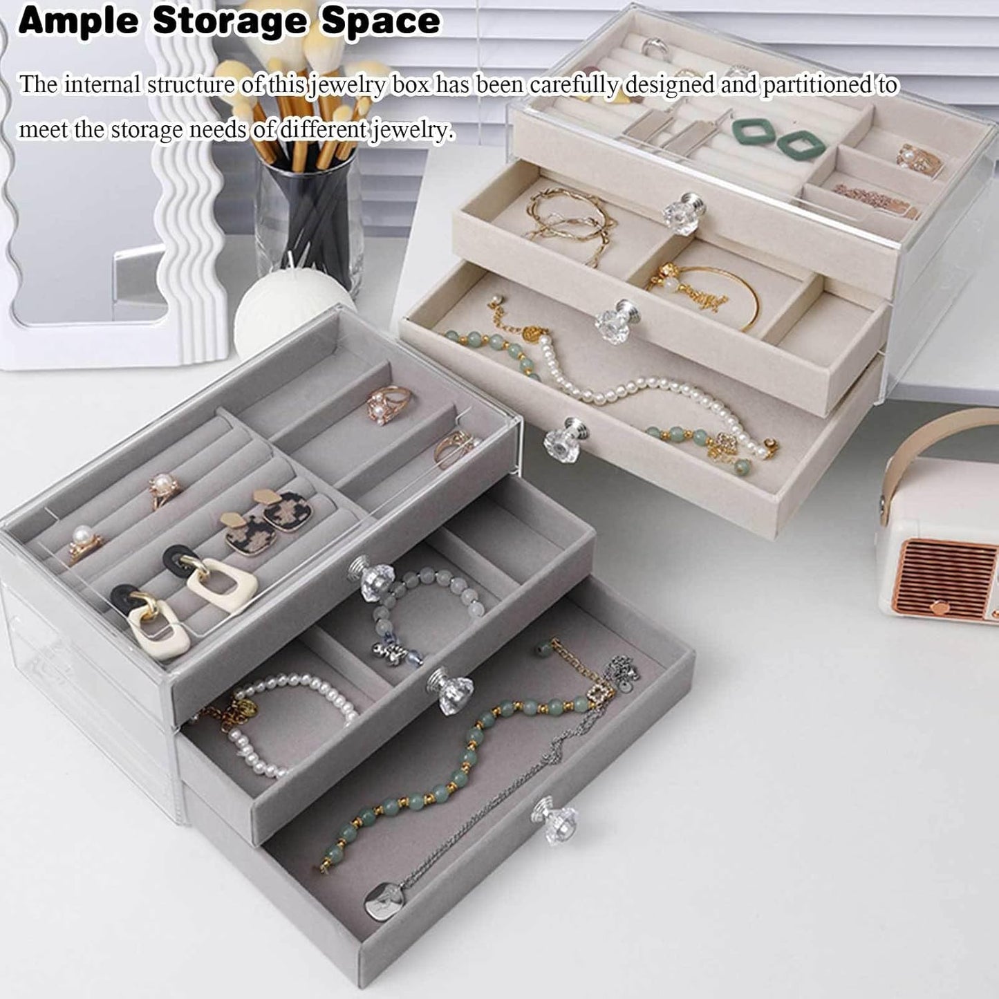 Luxury Velvet Jewelry Organizer Box with Drawers | Dustproof Ring, Necklace & Accessories Storage Case
