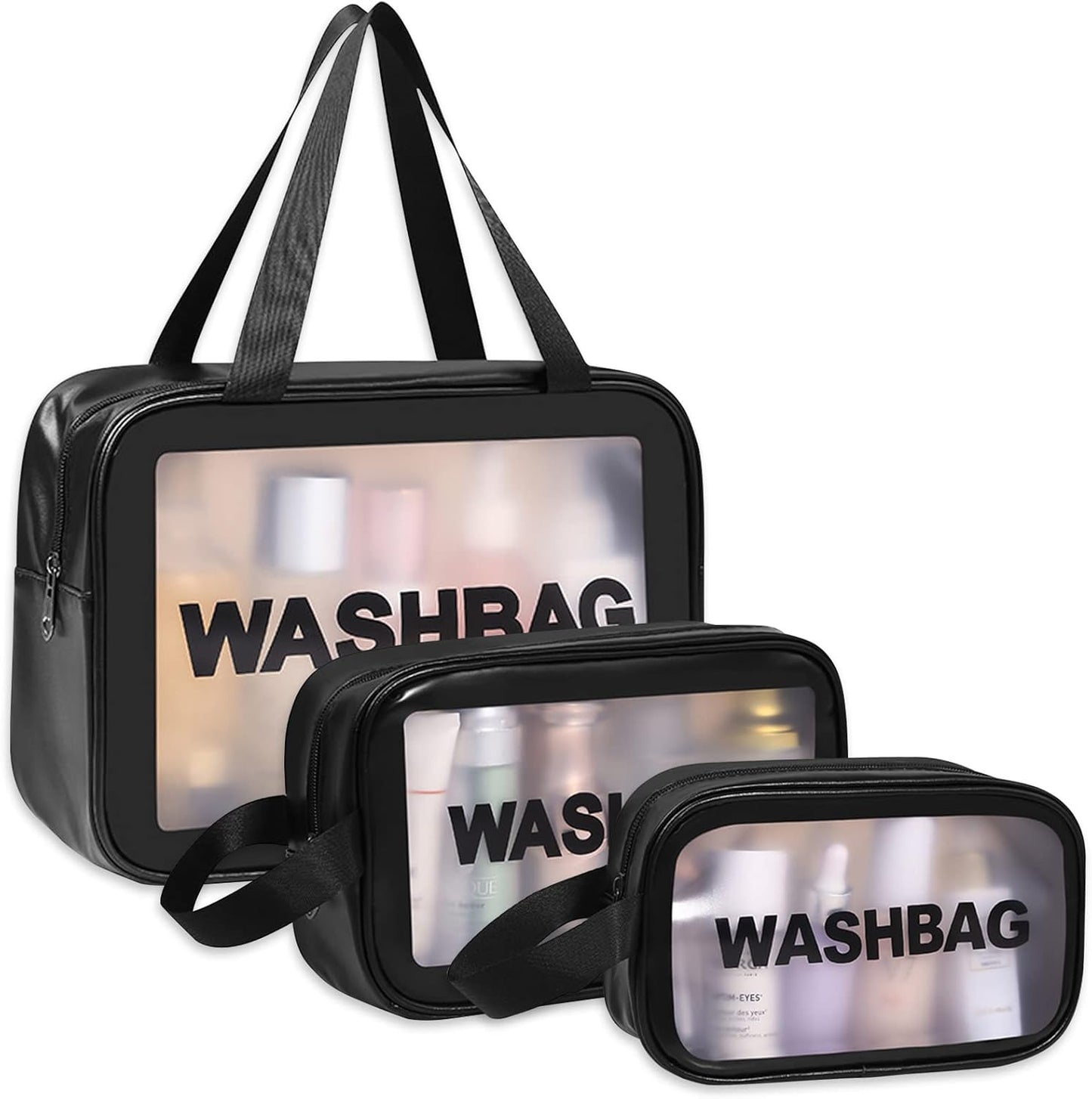 3-Piece Premium Transparent Travel Wash Bag Set | Waterproof Cosmetic & Toiletry Organizer