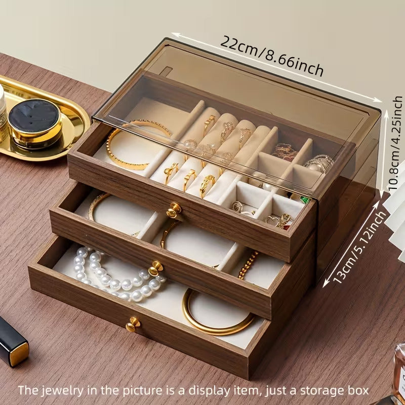 Luxury Wooden Jewelry Organizer Box with Drawers | Transparent Lid Storage Case
