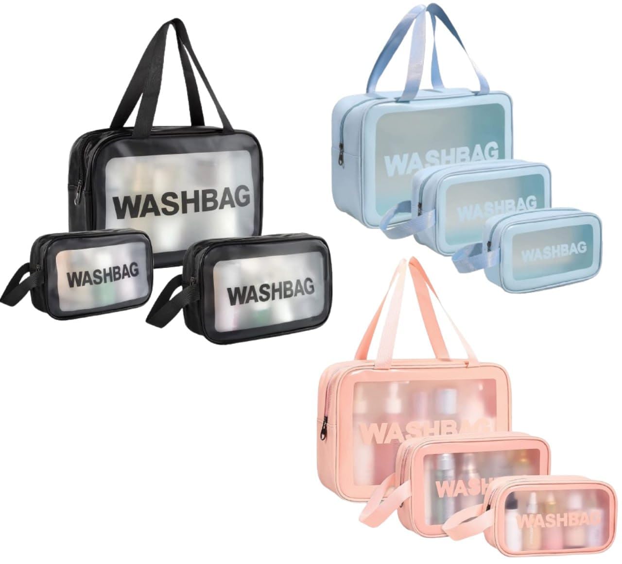 3-Piece Premium Transparent Travel Wash Bag Set | Waterproof Cosmetic & Toiletry Organizer