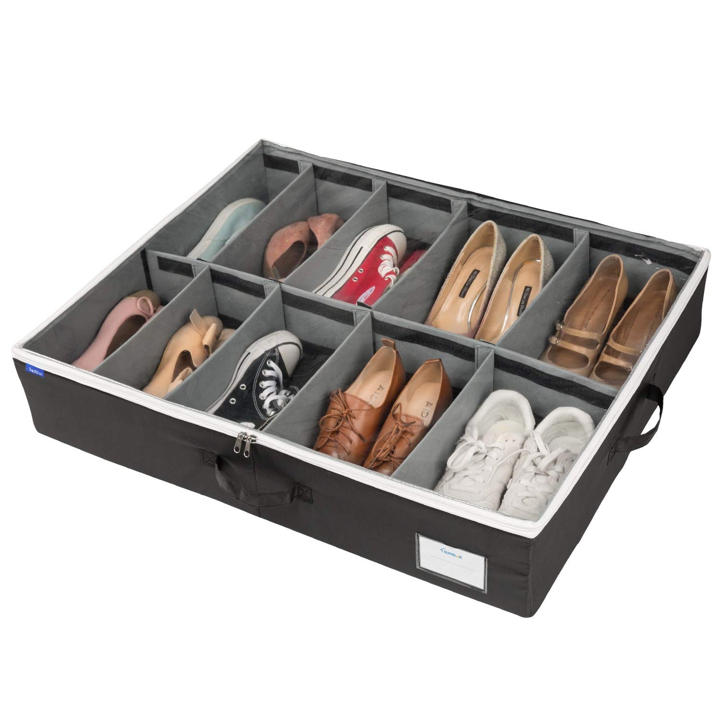 Under Bed Shoe Organizer Bag Hard Solid Fabric with Clear Plastic Zip Cover Store up to 12 Pairs of Shoes 1 Pcs