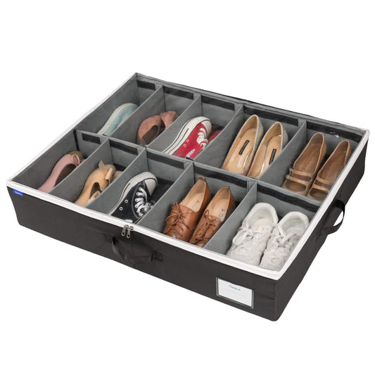 Under Bed Shoe Organizer Bag Hard Solid Fabric with Clear Plastic Zip Cover Store up to 12 Pairs of Shoes 1 Pcs