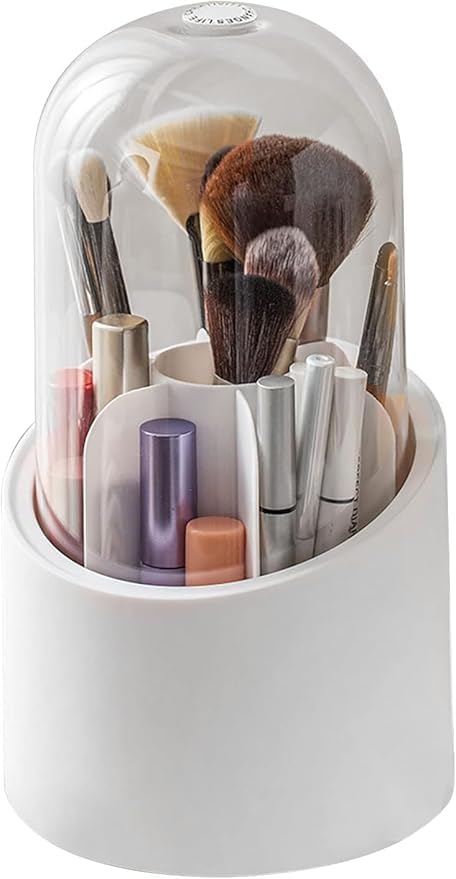360° Rotating Makeup Brush Storage Box Portable Desktop Cosmetic Organizer,7 Slots Transparent Makeup Brush Box Dust Free Makeup Brush Organizer for Display Stand Bedroom Dresser Bathroom Counter Top.
