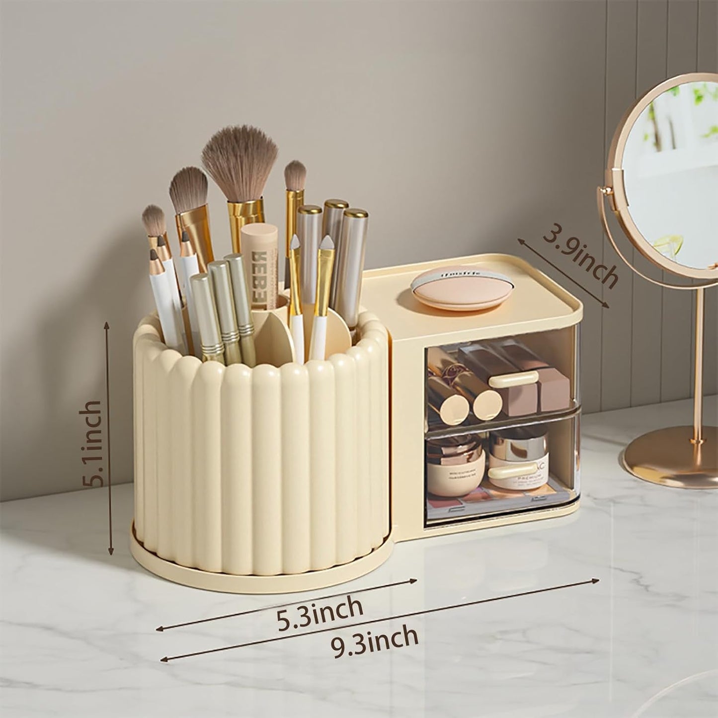 2-in-1 Rotating Makeup Organizer with Brush Holder & 2 Drawers