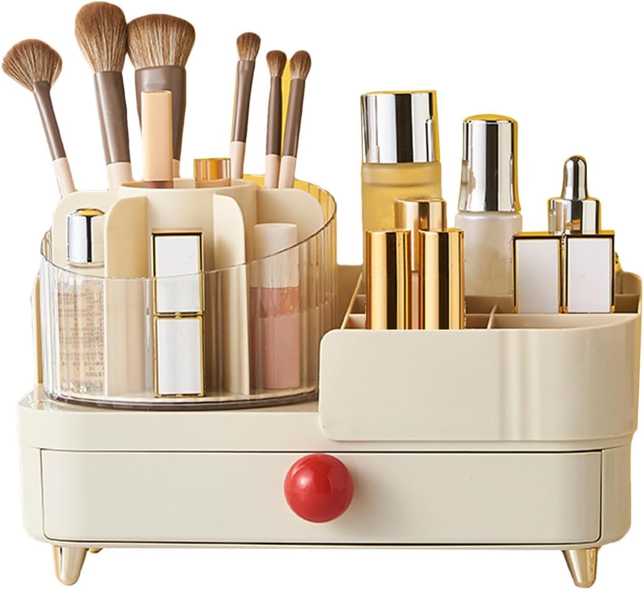 Rotating Makeup Organizer with Drawer & Transparent Brush Holder