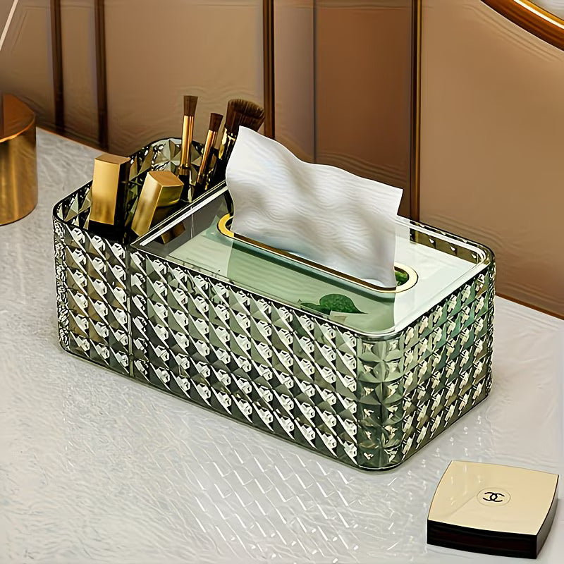 Luxury Crystal Tissue Box with Organizer|Multi-Functional Makeup & Desk Storage Holder