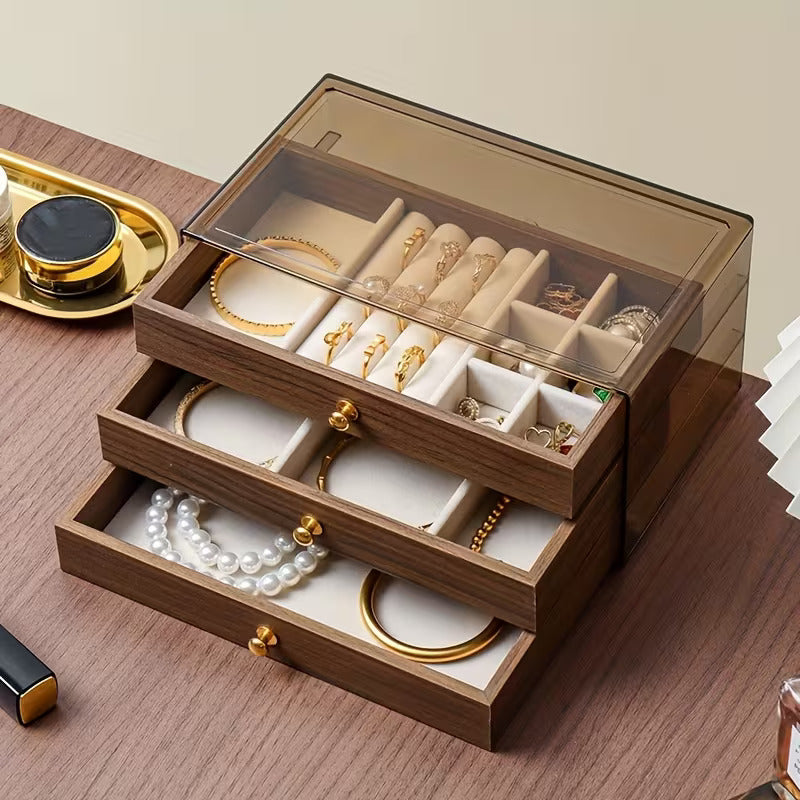 Luxury Wooden Jewelry Organizer Box with Drawers | Transparent Lid Storage Case