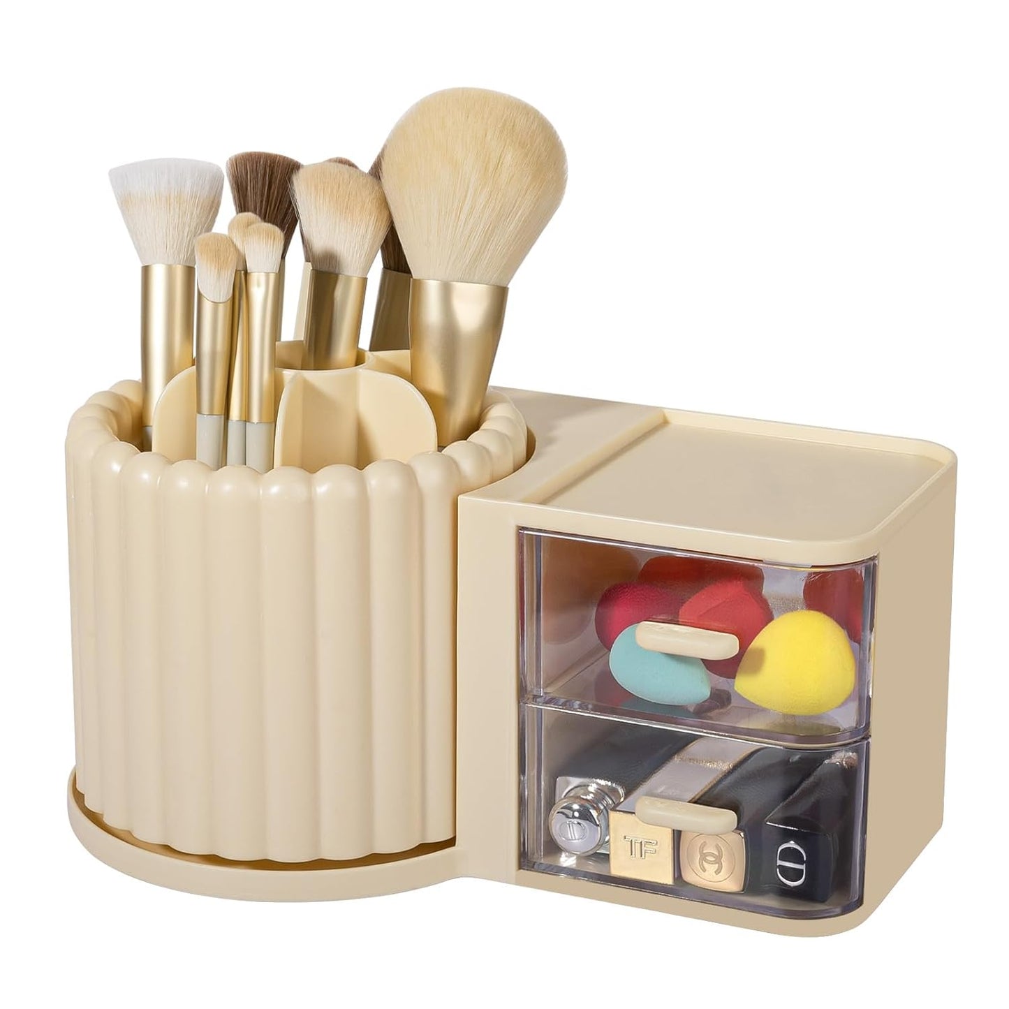 2-in-1 Rotating Makeup Organizer with Brush Holder & 2 Drawers