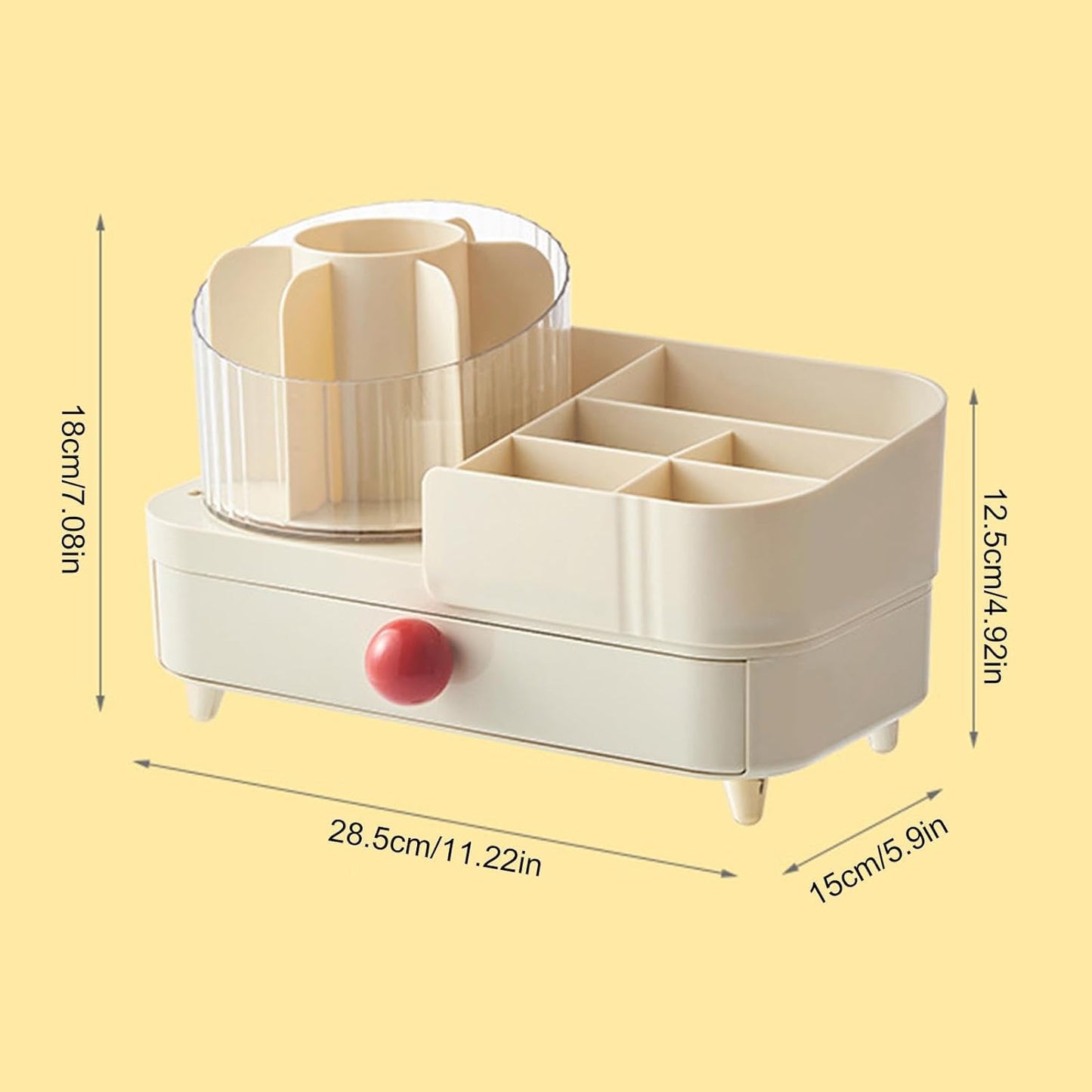 Rotating Makeup Organizer with Drawer & Transparent Brush Holder