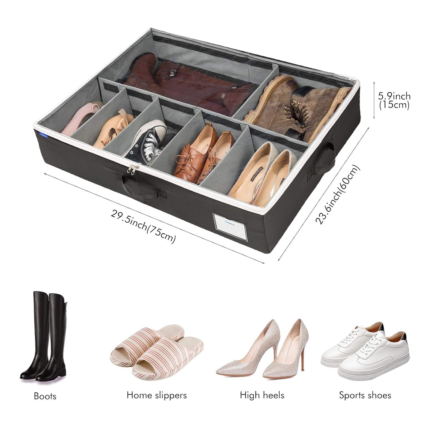 Under Bed Shoe Organizer Bag Hard Solid Fabric with Clear Plastic Zip Cover Store up to 12 Pairs of Shoes 1 Pcs