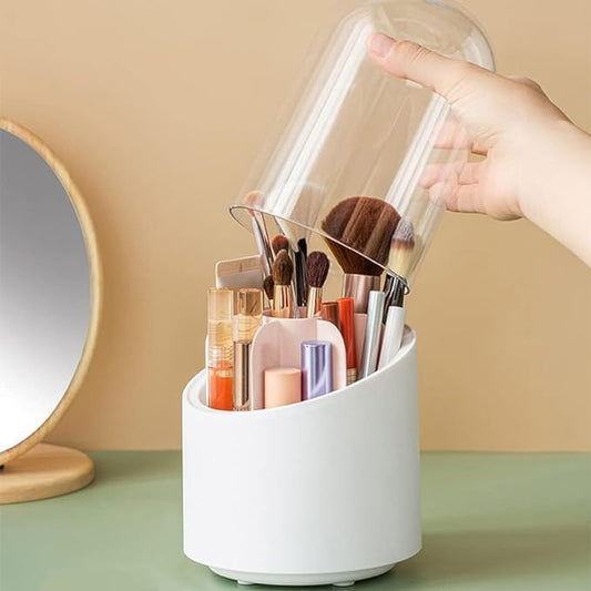 360° Rotating Makeup Brush Storage Box Portable Desktop Cosmetic Organizer,7 Slots Transparent Makeup Brush Box Dust Free Makeup Brush Organizer for Display Stand Bedroom Dresser Bathroom Counter Top.