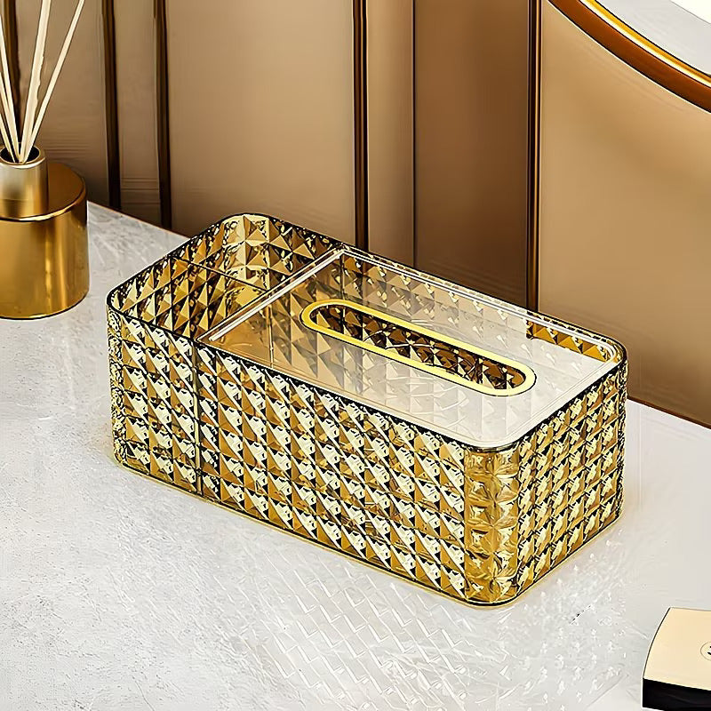 Luxury Crystal Tissue Box with Organizer|Multi-Functional Makeup & Desk Storage Holder