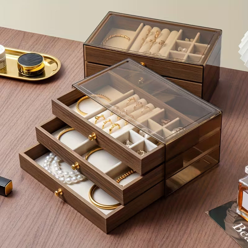 Luxury Wooden Jewelry Organizer Box with Drawers | Transparent Lid Storage Case