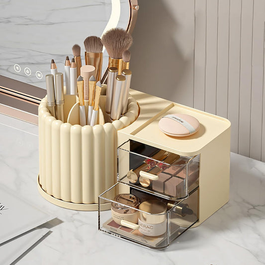 2-in-1 Rotating Makeup Organizer with Brush Holder & 2 Drawers