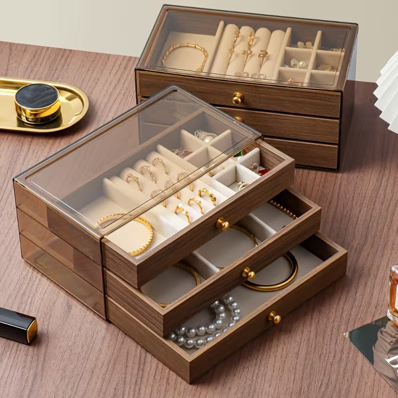 Luxury Wooden Jewelry Organizer Box with Drawers | Transparent Lid Storage Case