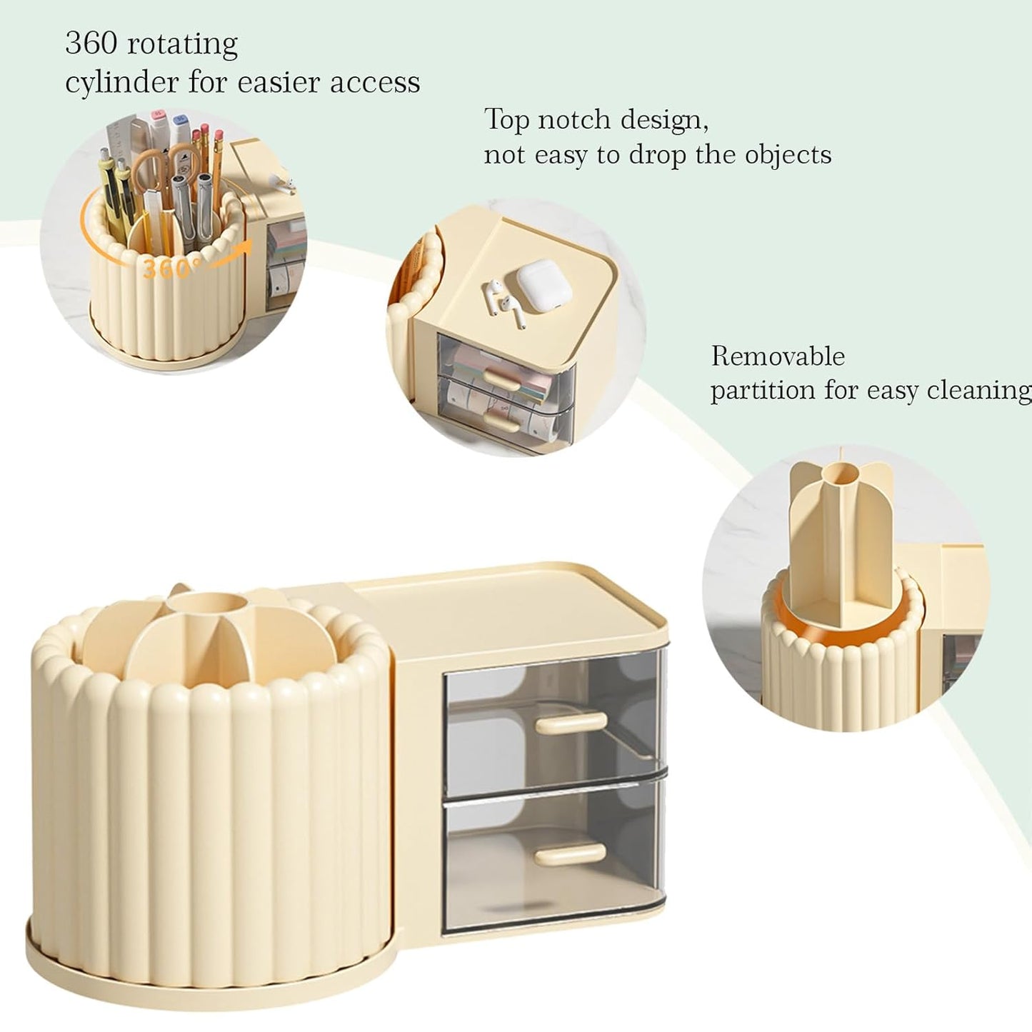 2-in-1 Rotating Makeup Organizer with Brush Holder & 2 Drawers