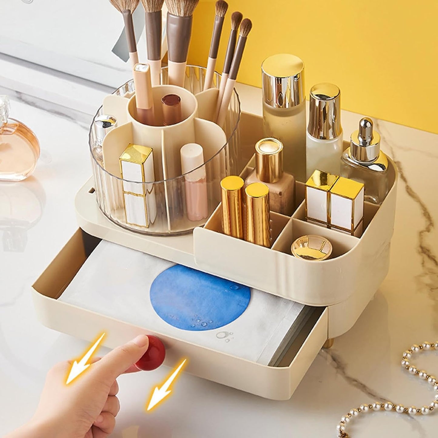 Rotating Makeup Organizer with Drawer & Transparent Brush Holder