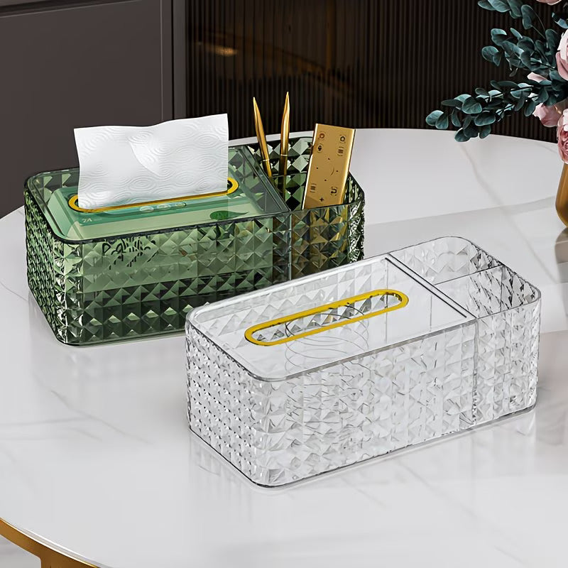 Luxury Crystal Tissue Box with Organizer|Multi-Functional Makeup & Desk Storage Holder