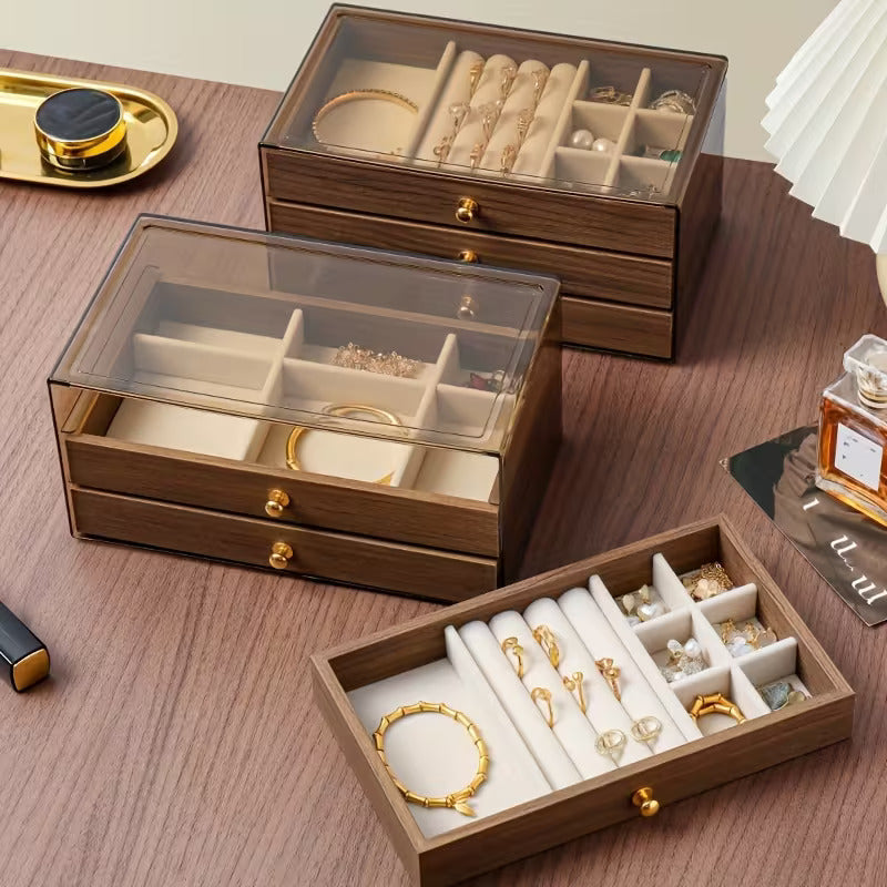 Luxury Wooden Jewelry Organizer Box with Drawers | Transparent Lid Storage Case