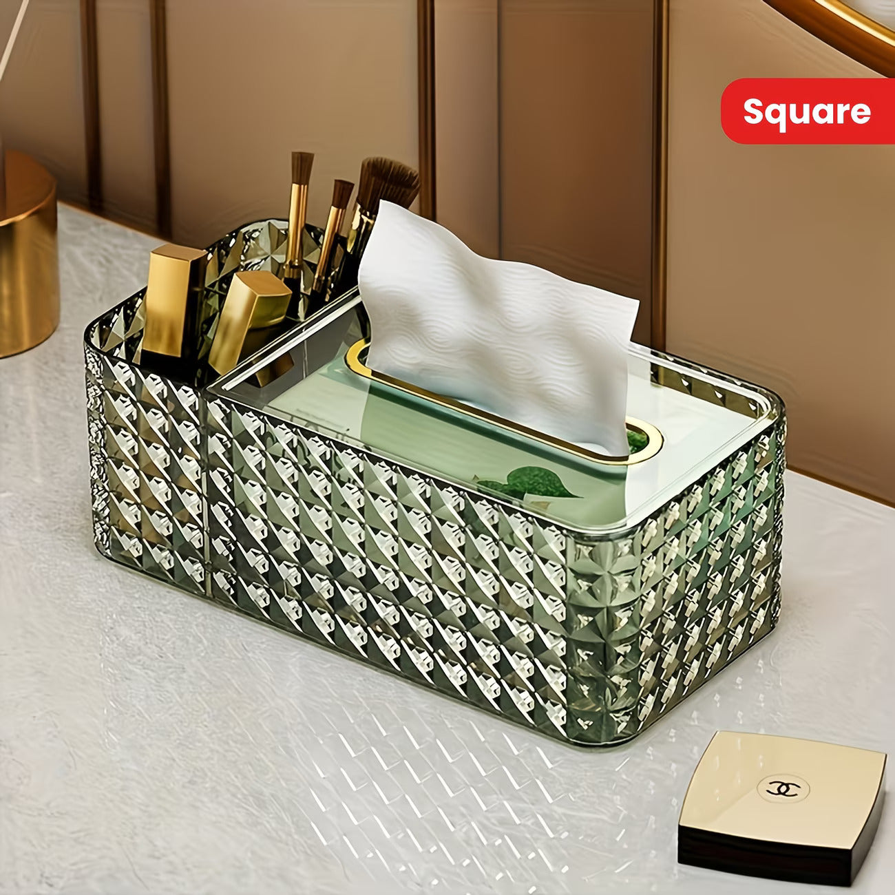 Luxury Crystal Tissue Box with Organizer|Multi-Functional Makeup & Desk Storage Holder