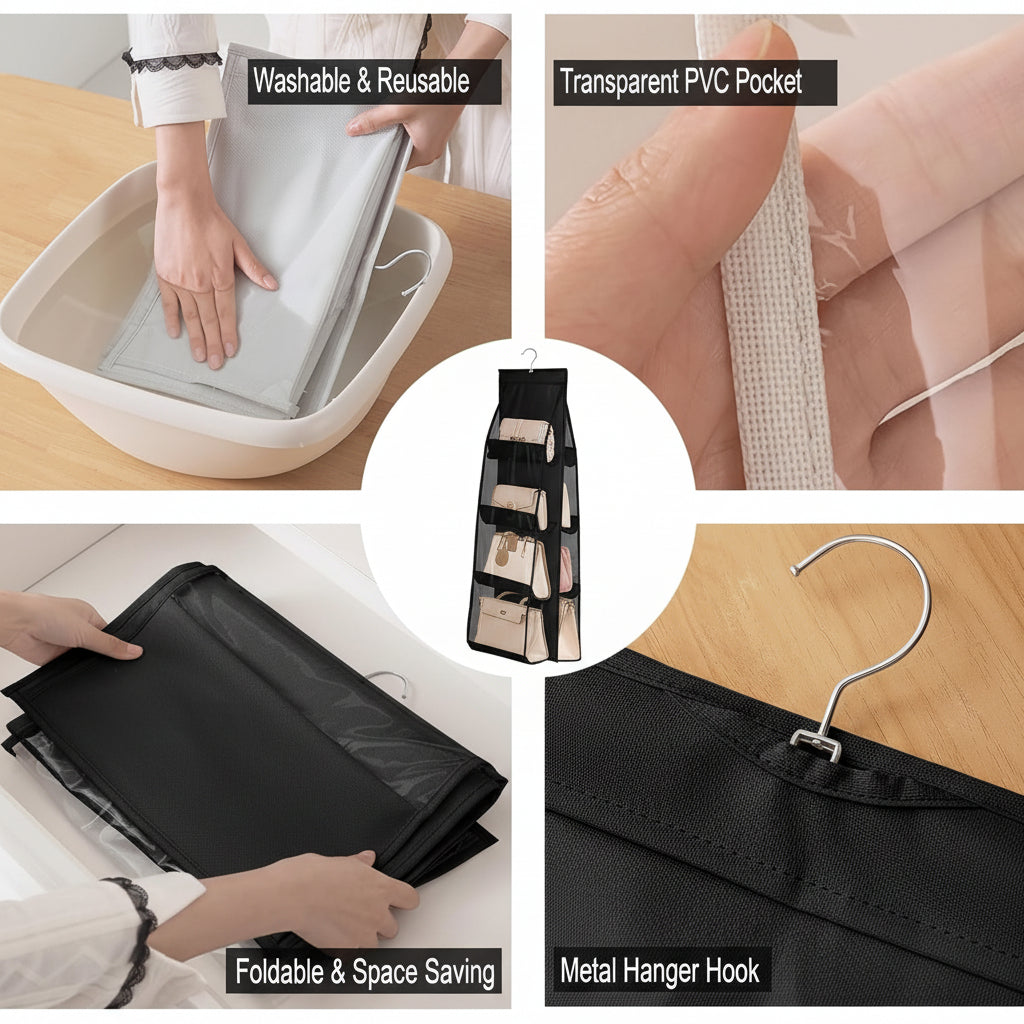 6 and 8 Pockets Double-sided Hanging Storage Bags with Hanging Hook / Handbag, Purse, Bags Organizer 1 Pcs