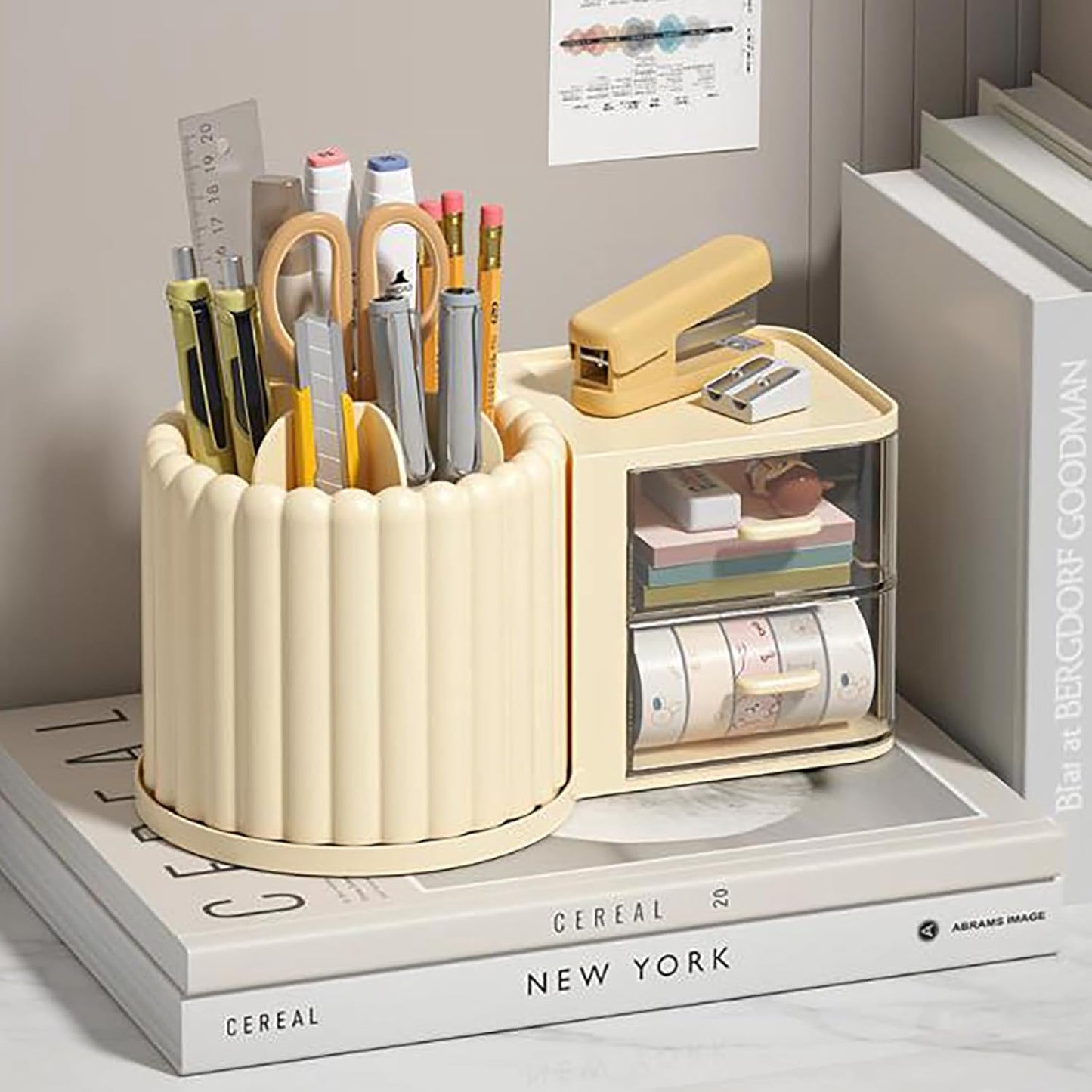 2-in-1 Rotating Makeup Organizer with Brush Holder & 2 Drawers