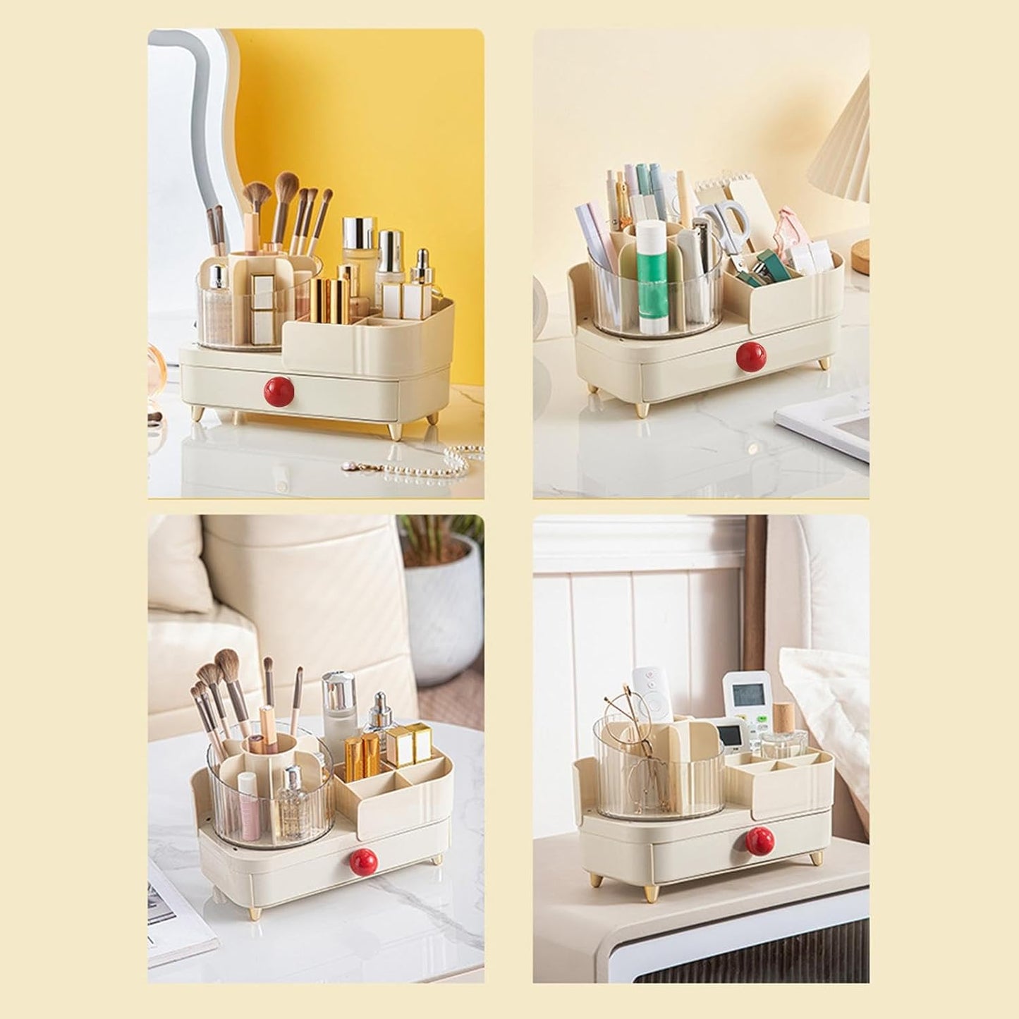 Rotating Makeup Organizer with Drawer & Transparent Brush Holder