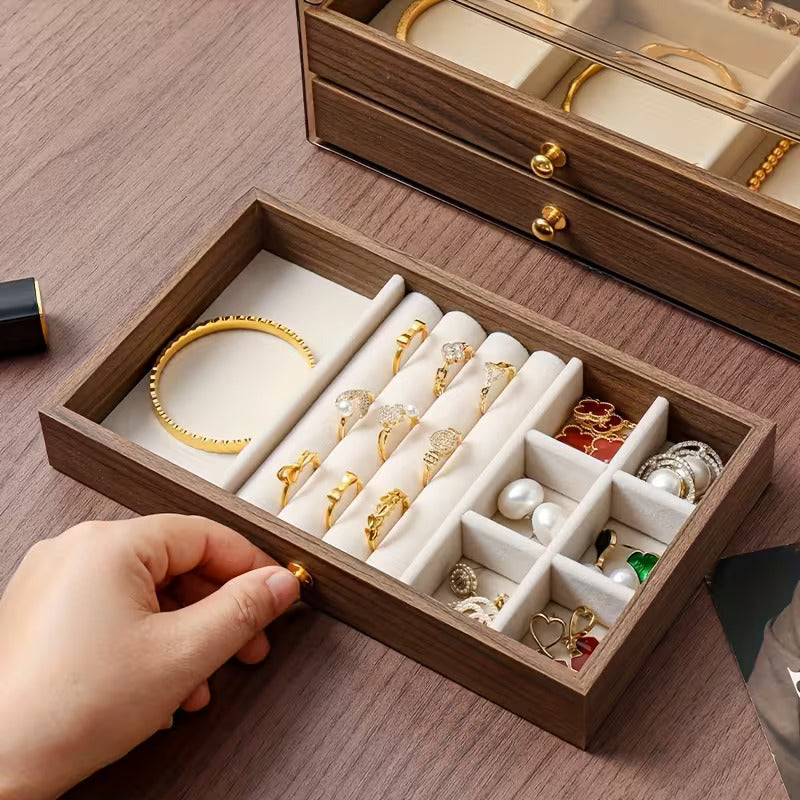 Luxury Wooden Jewelry Organizer Box with Drawers | Transparent Lid Storage Case