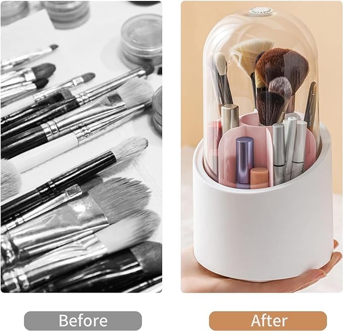 360° Rotating Makeup Brush Storage Box Portable Desktop Cosmetic Organizer,7 Slots Transparent Makeup Brush Box Dust Free Makeup Brush Organizer for Display Stand Bedroom Dresser Bathroom Counter Top.