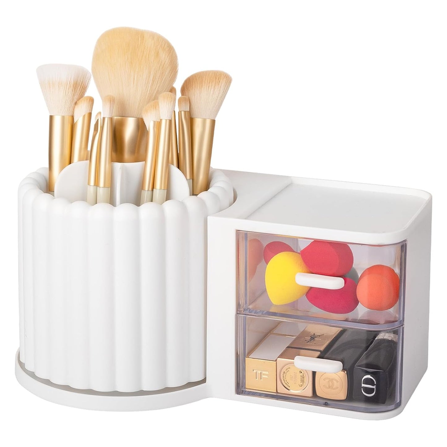 2-in-1 Rotating Makeup Organizer with Brush Holder & 2 Drawers