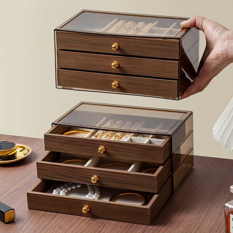 Luxury Wooden Jewelry Organizer Box with Drawers | Transparent Lid Storage Case