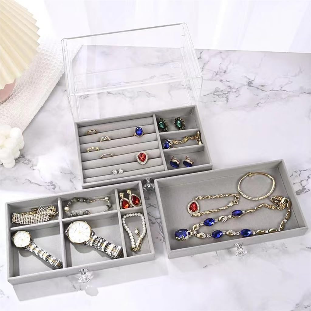 Luxury Velvet Jewelry Organizer Box with Drawers | Dustproof Ring, Necklace & Accessories Storage Case