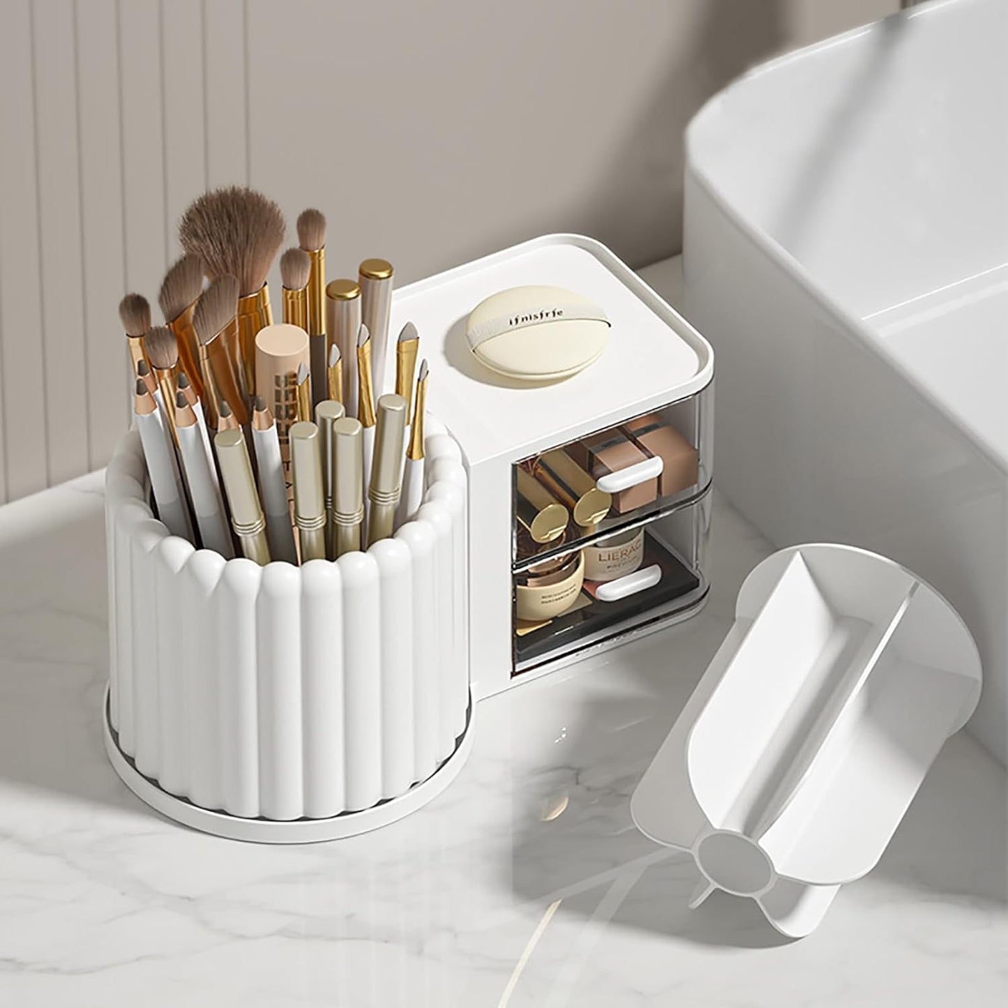 2-in-1 Rotating Makeup Organizer with Brush Holder & 2 Drawers