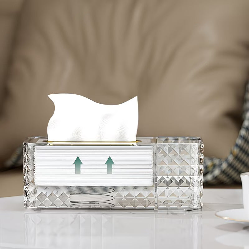 Luxury Crystal Tissue Box with Organizer|Multi-Functional Makeup & Desk Storage Holder