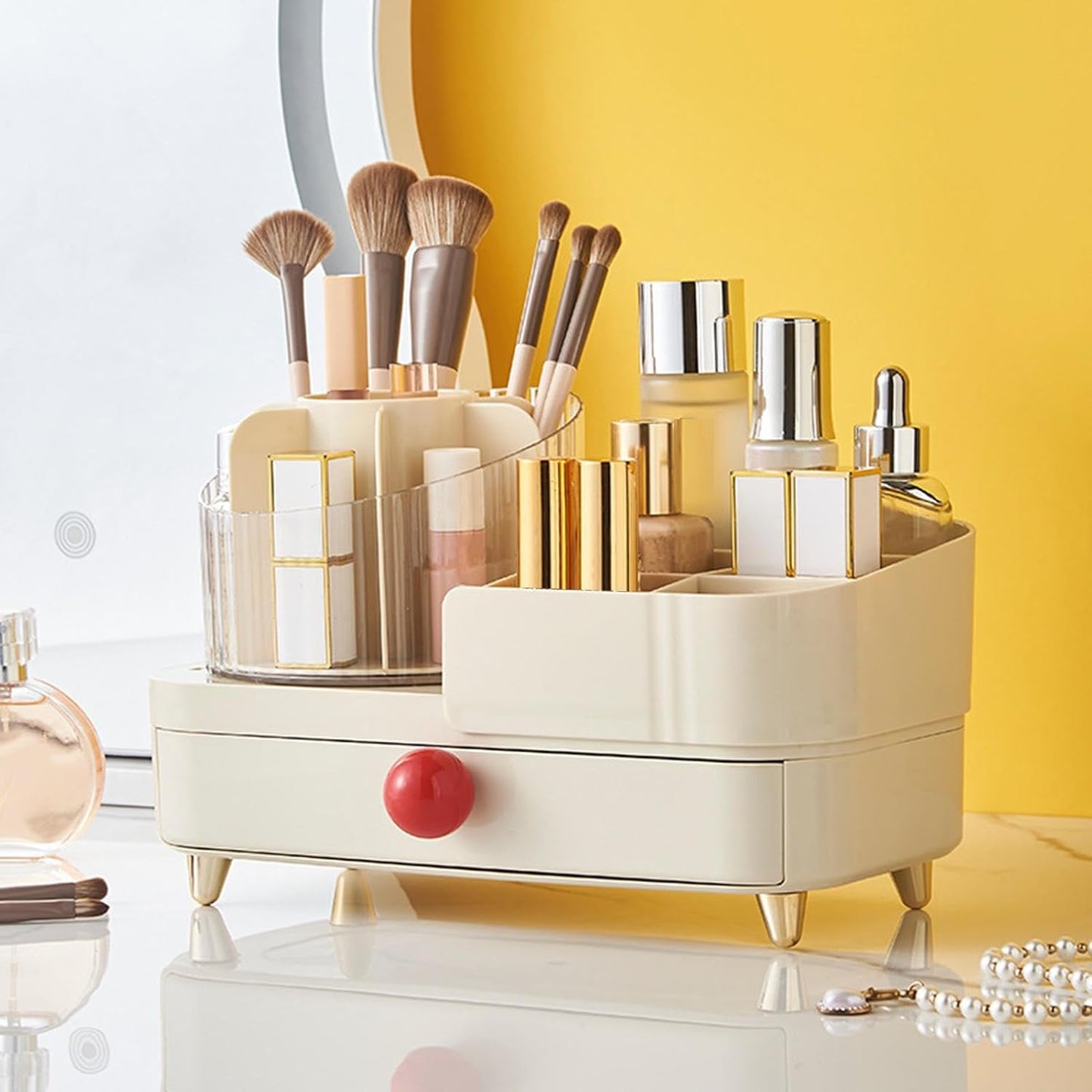 Rotating Makeup Organizer with Drawer & Transparent Brush Holder