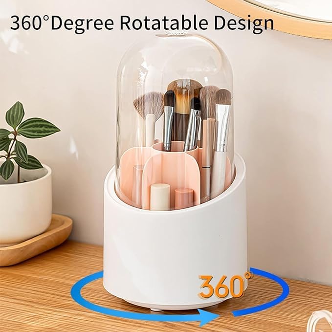 360° Rotating Makeup Brush Storage Box Portable Desktop Cosmetic Organizer,7 Slots Transparent Makeup Brush Box Dust Free Makeup Brush Organizer for Display Stand Bedroom Dresser Bathroom Counter Top.