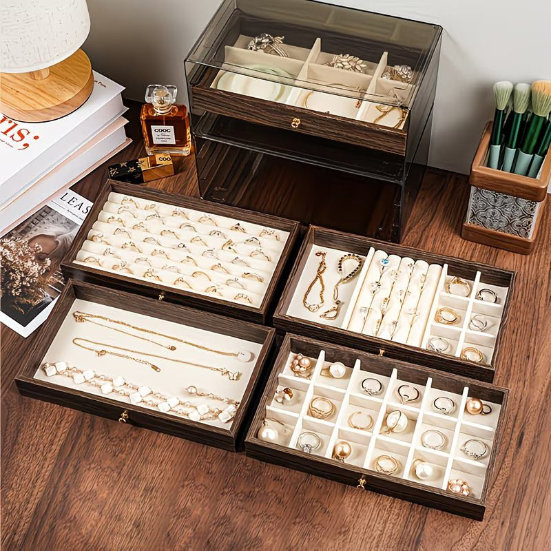 Luxury Wooden Jewelry Organizer Box with Drawers | Transparent Lid Storage Case