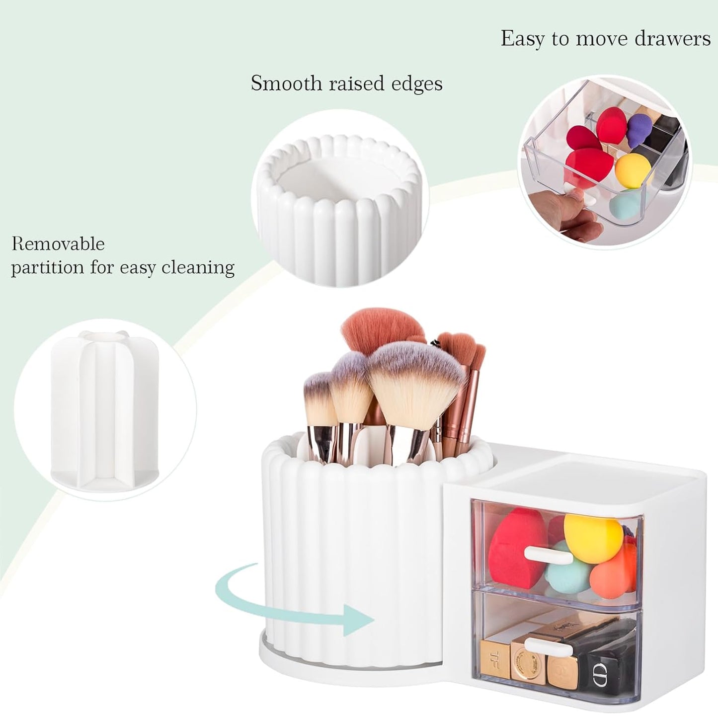 2-in-1 Rotating Makeup Organizer with Brush Holder & 2 Drawers