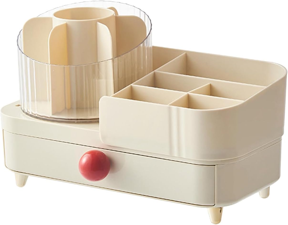 Rotating Makeup Organizer with Drawer & Transparent Brush Holder