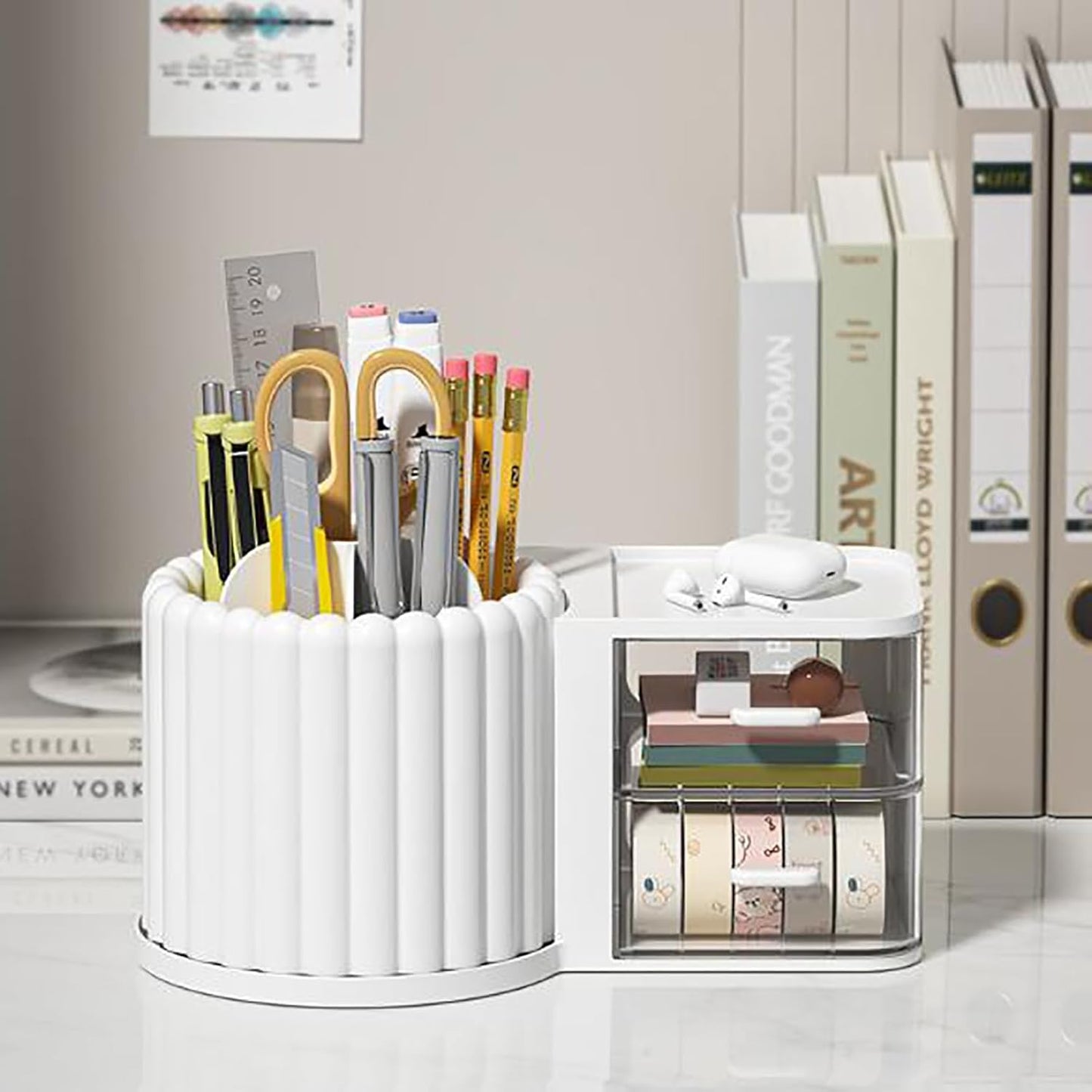 2-in-1 Rotating Makeup Organizer with Brush Holder & 2 Drawers