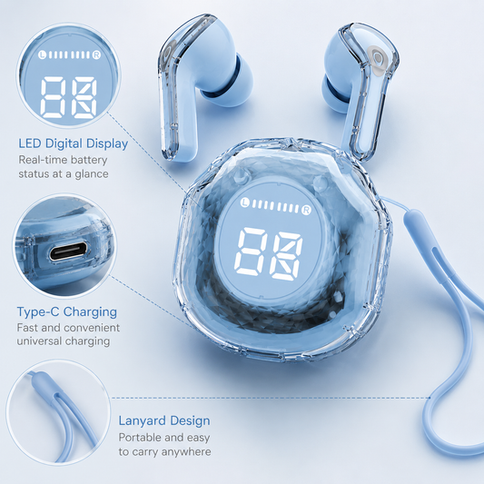 Crystal Transparent Wireless Earbuds with LED Digital Display| Simple Store