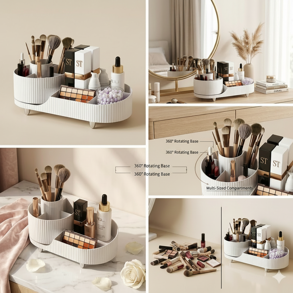 Rotating Makeup Organizer with Tray| Vanity Storage for Brushes, Lipsticks & Cosmetics
