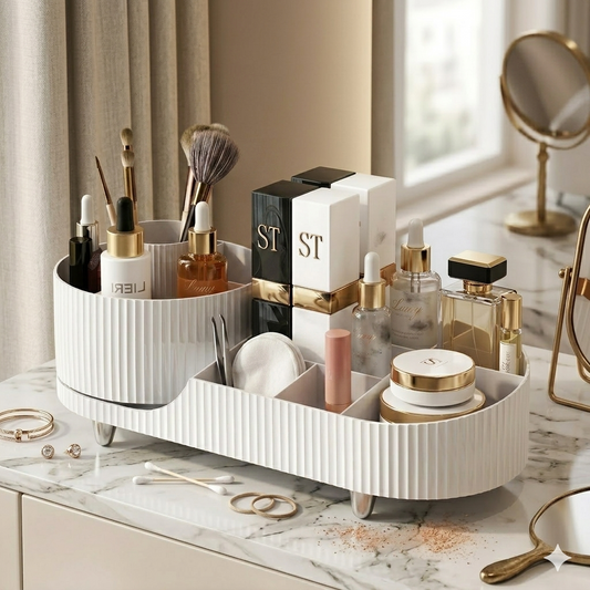 Rotating Makeup Organizer with Tray| Vanity Storage for Brushes, Lipsticks & Cosmetics