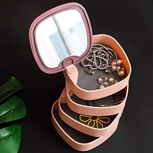 4-Layer Rotating Jewelry Organizer with Built-in Mirror